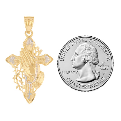 Gold Medium Cross with Praying Hands and Thorns Unisex Diamond Cut Religious Pendant (emgeedi# P13915)
