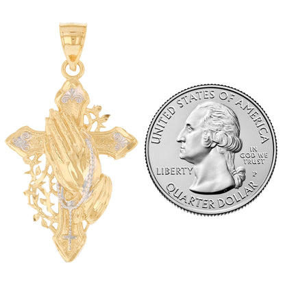 Gold Large Cross with Praying Hands and Thorns Unisex Diamond Cut Religious Pendant (emgeedi# P13916)