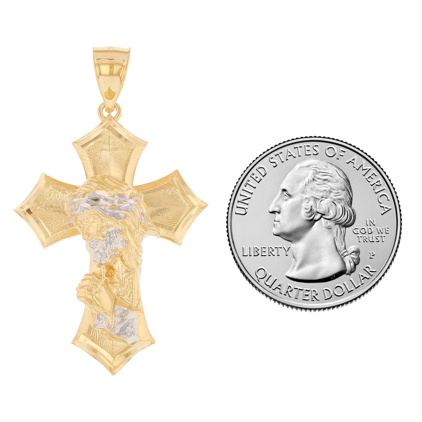 Gold Cross with Praying Jesus Mens Diamond Cut Religious Pendant (emgeedi# P13918)