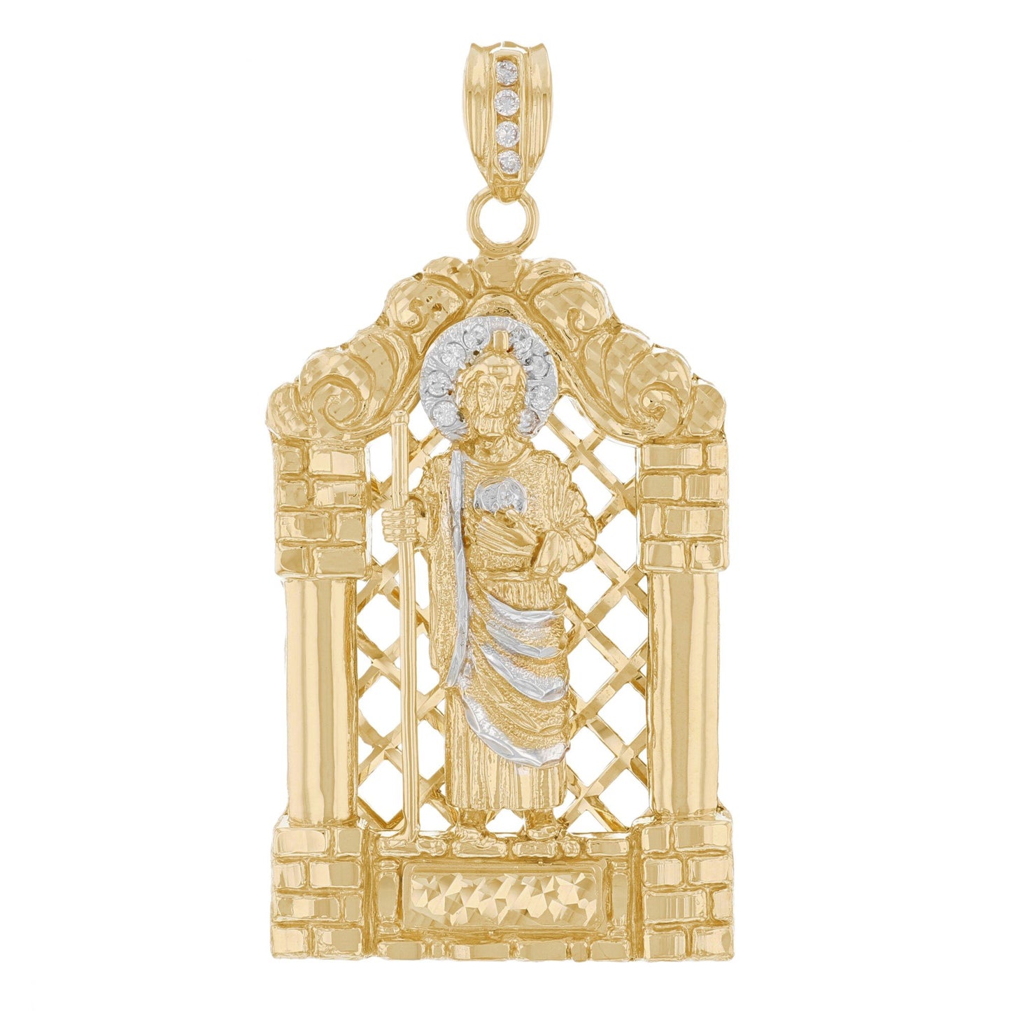 Gold 3D Saint Jude White CZ Mens House Style Religious Pendant (emgeedi# P12520)