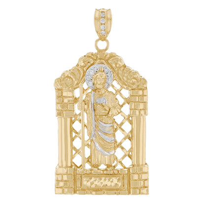 Gold 3D Saint Jude White CZ Mens House Style Religious Pendant (emgeedi# P12520)