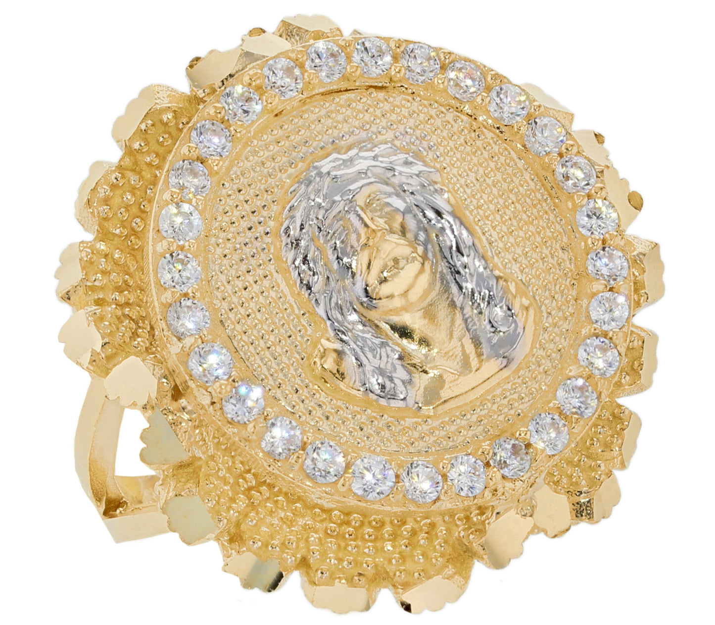 Gold Jesus White CZ Mens Religious Nugget Ring (emgeedi# R11973)