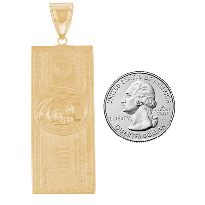 Gold XL Hundred Dollar Bill Mens Money Symbol Pendant (emgeedi# P12678)