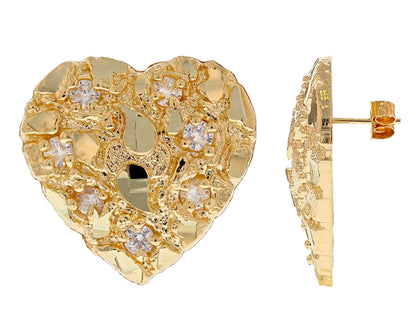 Gold Large White CZ Womens Heart Nugget Diamond Cut Earring (emgeedi# E12187)
