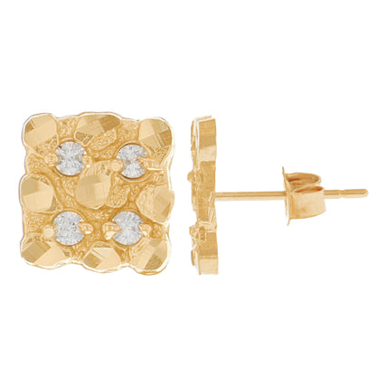 Gold Small Square Nugget White CZ Womens Diamond Cut Earring (emgeedi# E13342)