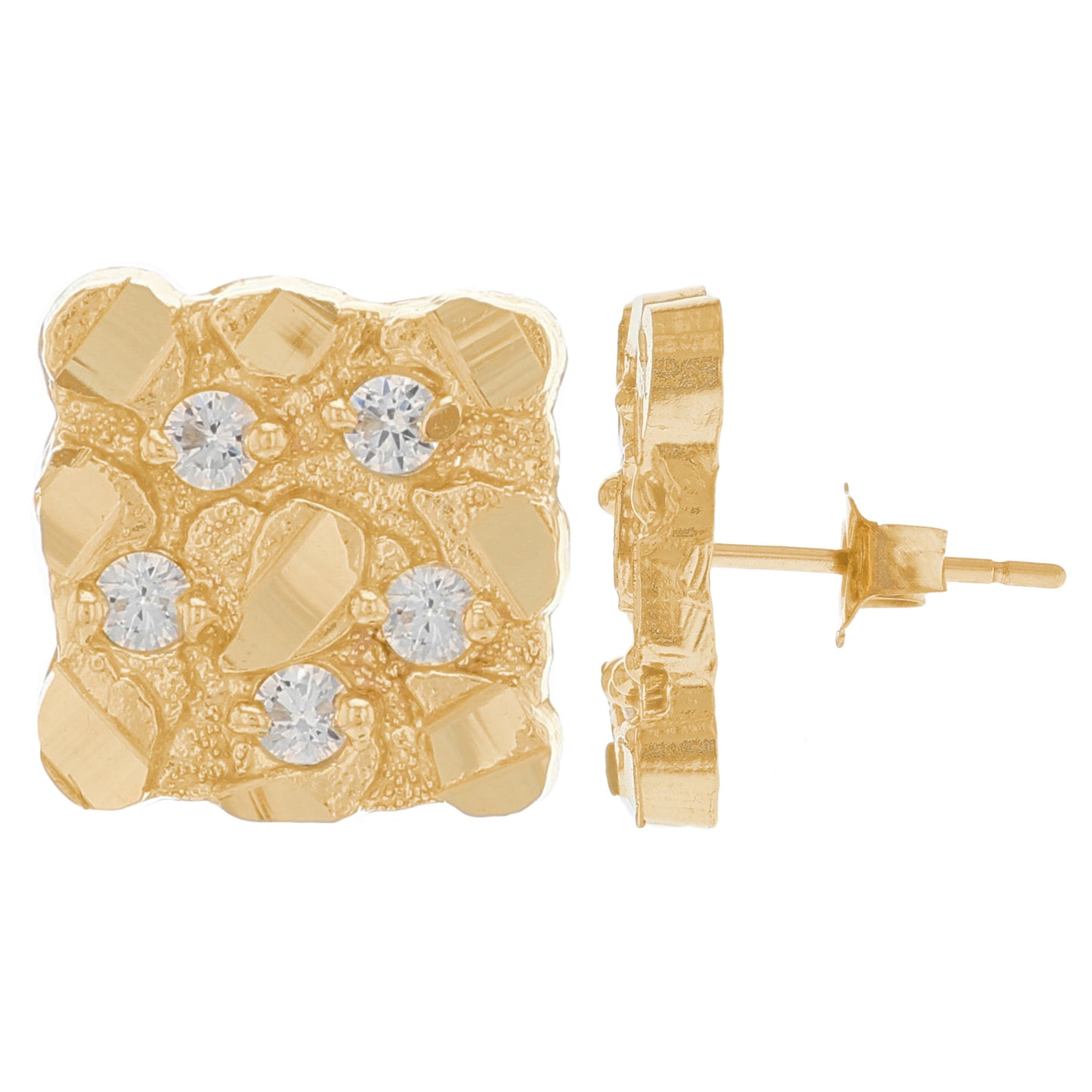 Gold Medium Square Nugget White CZ Unisex Diamond Cut Earring (emgeedi# E13344)