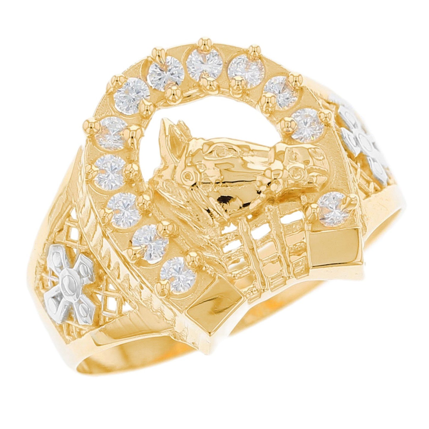 Gold White CZ Mens Horseshoe Animal Horse Ring (emgeedi# R3300)
