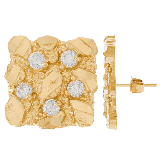 Gold Large Square Nugget White CZ Unisex Diamond Cut Earring (emgeedi# E13345)