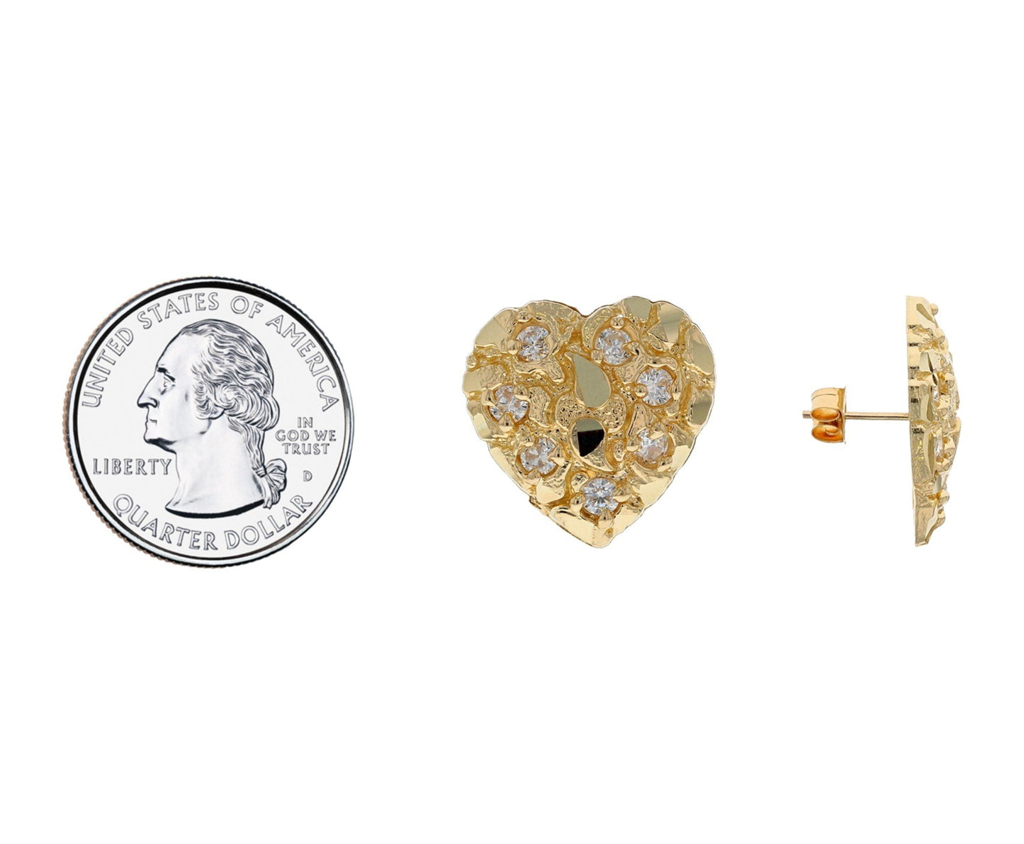Gold Medium White CZ Womens Diamond Cut Heart Nugget Earring (emgeedi# E12196)